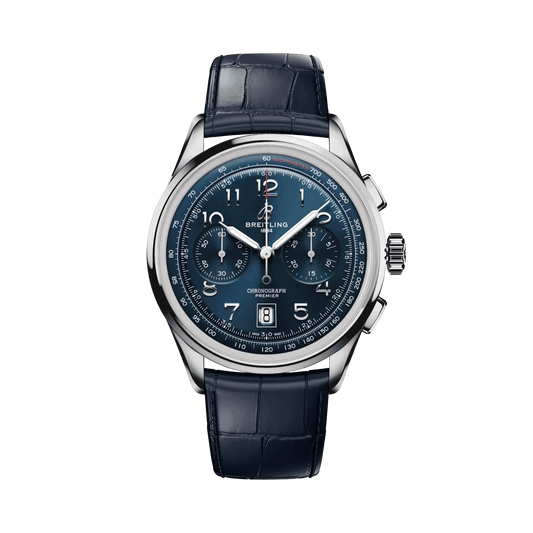 Breitling Premier chronograph watch with a blue dial, three subdials, Arabic numerals, date display, silver tone case and dark blue leather strap.