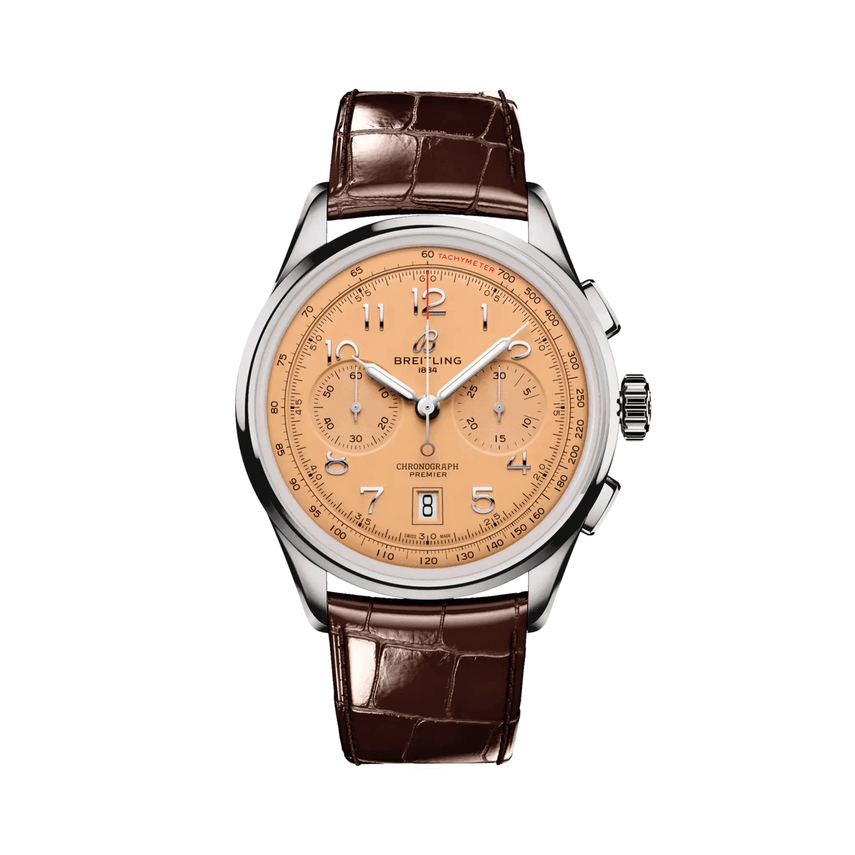 Breitling Premier chronograph watch with a salmon dial, two subdials, Arabic numerals, date display, silver tone case and brown leather strap.