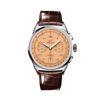 Breitling Premier chronograph watch with a salmon dial, two subdials, Arabic numerals, date display, silver tone case and brown leather strap.