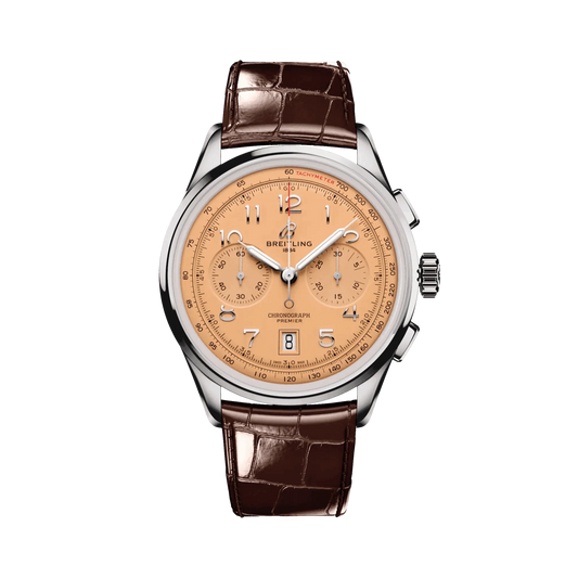 Breitling Premier chronograph watch with a salmon dial, two subdials, Arabic numerals, date display, silver tone case and brown leather strap.