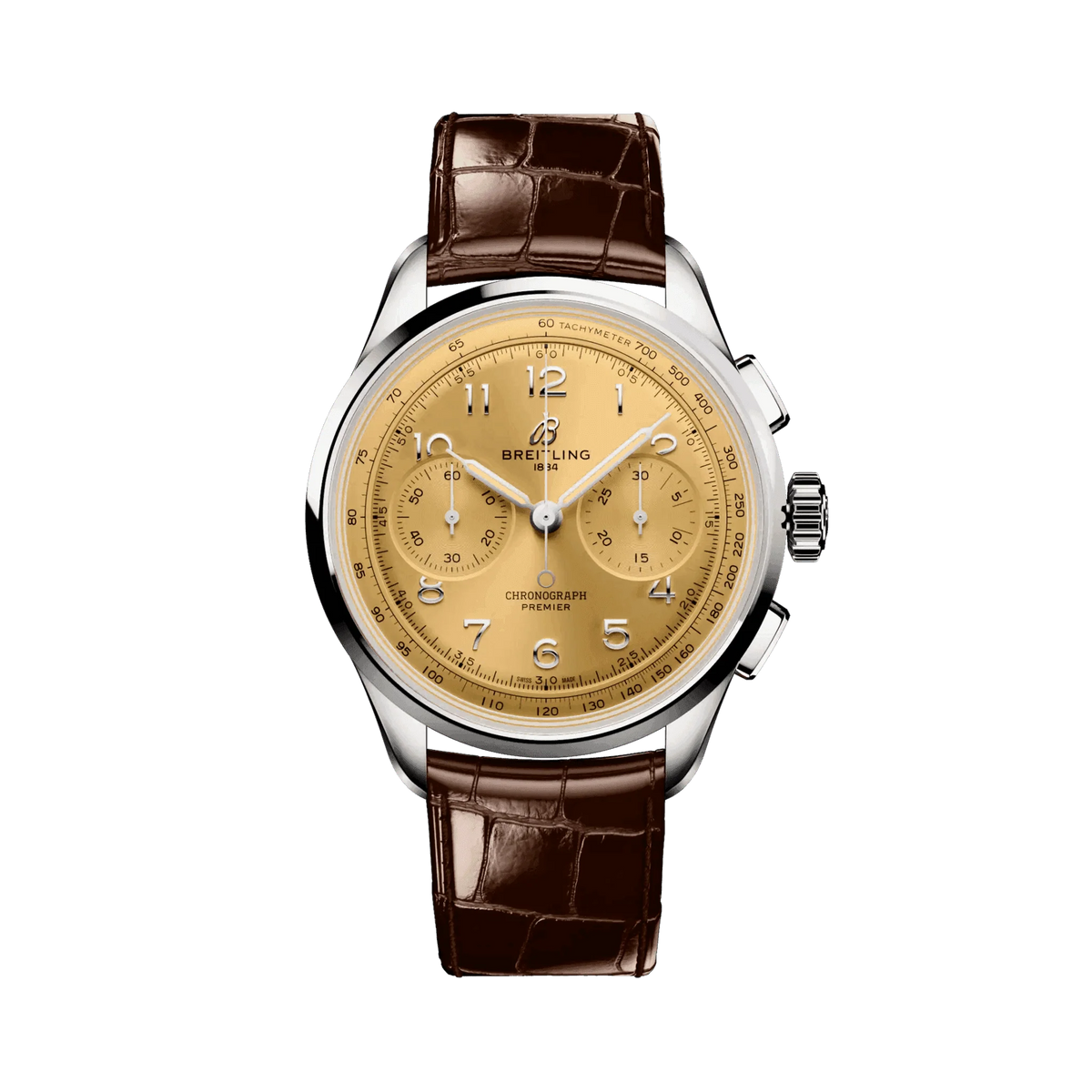 Breitling Premier B09 Chronograph 40mm with a champagne dial, two matching subdials, silver Arabic numerals, silver tone case and brown leather strap.