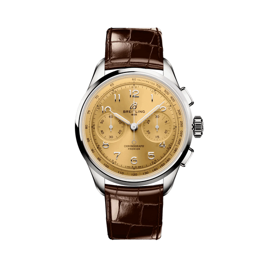 Breitling Premier B09 Chronograph 40mm with a champagne dial, two matching subdials, silver Arabic numerals, silver tone case and brown leather strap.