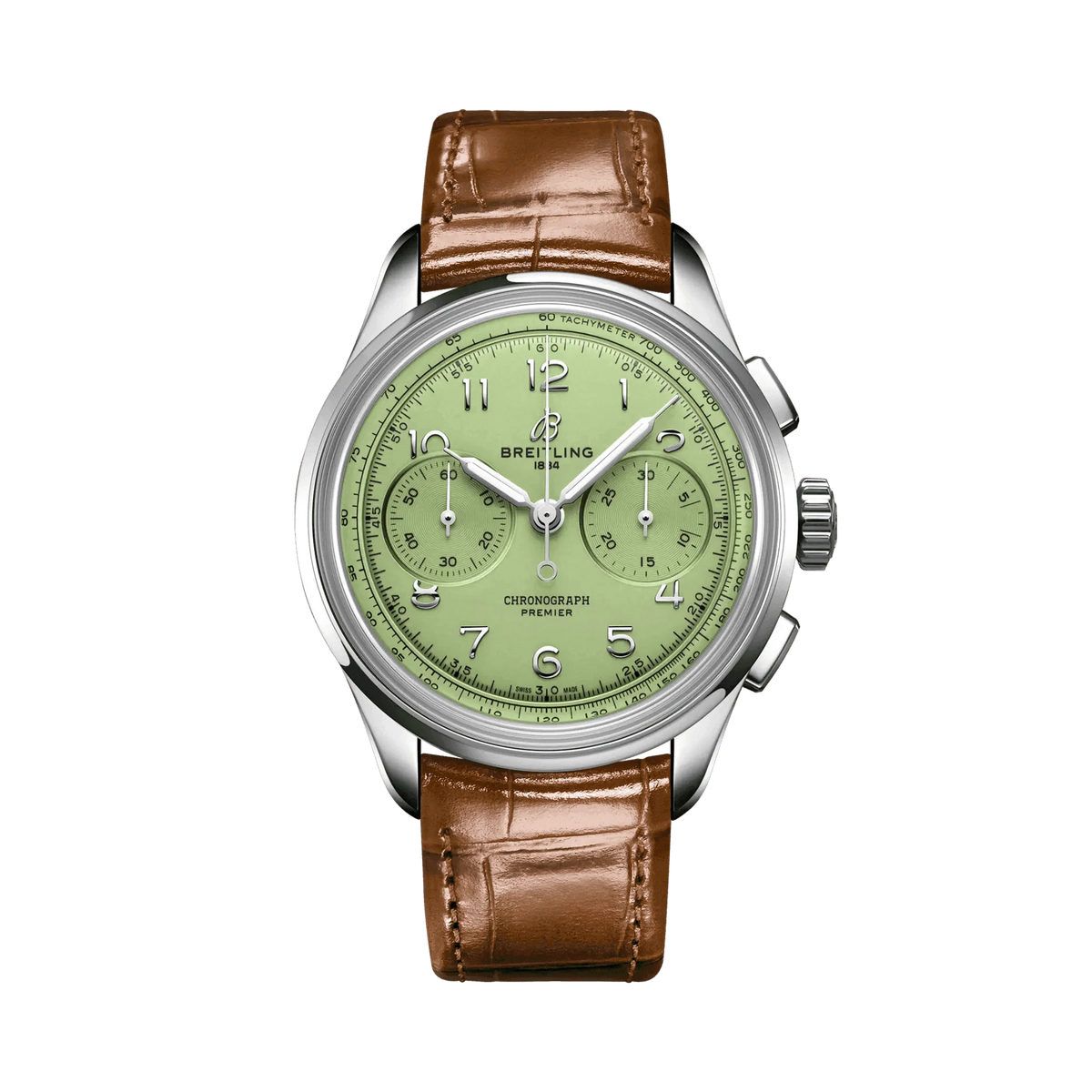 Breitling Premier chronograph watch with a light green dial, two subdials, Arabic numerals, silver tone case and brown leather strap.