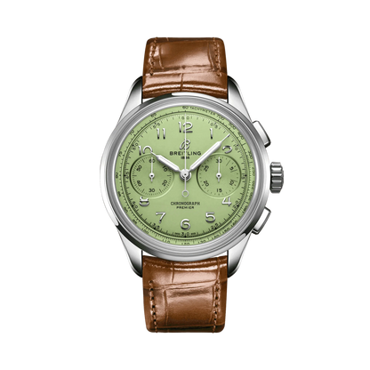 Breitling Premier chronograph watch with a light green dial, two subdials, Arabic numerals, silver tone case and brown leather strap.