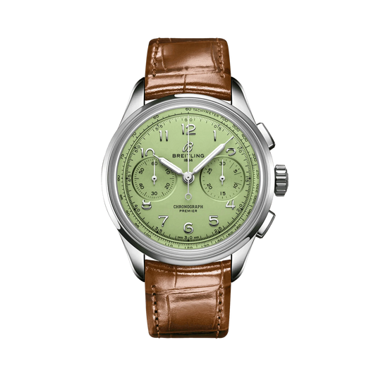 Breitling Premier chronograph watch with a light green dial, two subdials, Arabic numerals, silver tone case and brown leather strap.
