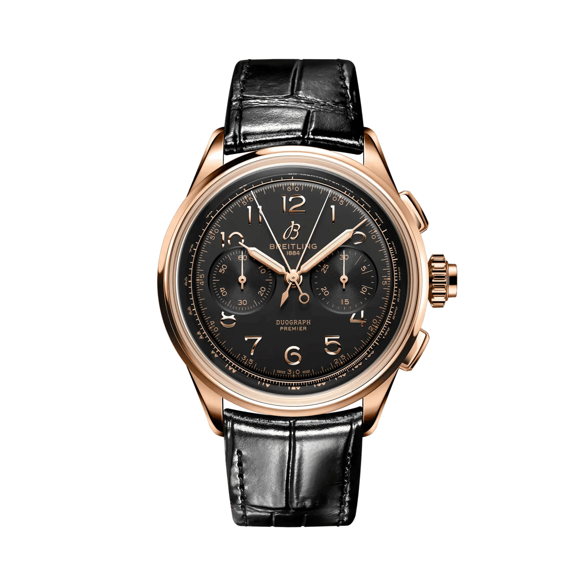 Breitling Premier chronograph watch with a black dial, two subdials, Arabic numerals, rose gold tone case and black leather strap.