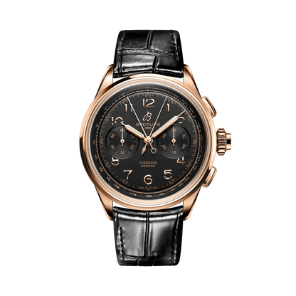 Breitling Premier chronograph watch with a black dial, two subdials, Arabic numerals, rose gold tone case and black leather strap.
