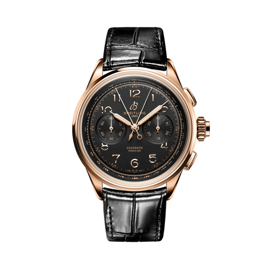 Breitling Premier chronograph watch with a black dial, two subdials, Arabic numerals, rose gold tone case and black leather strap.