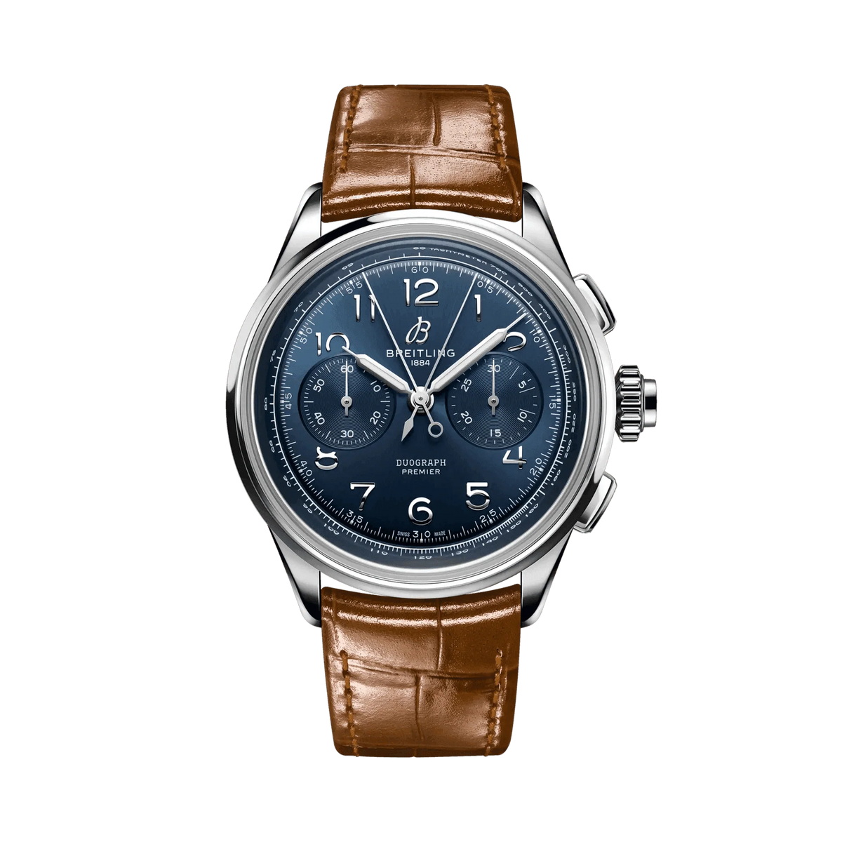 Breitling Premier chronograph watch with a blue dial, two subdials, Arabic numerals, silver tone case and brown leather strap.