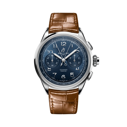 Breitling Premier chronograph watch with a blue dial, two subdials, Arabic numerals, silver tone case and brown leather strap.
