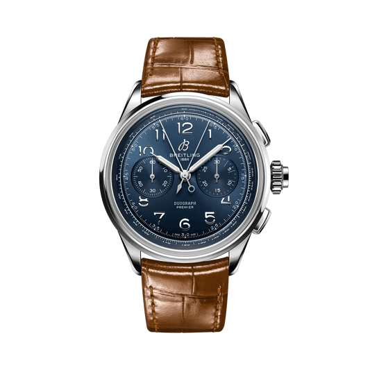 Breitling Premier chronograph watch with a blue dial, two subdials, Arabic numerals, silver tone case and brown leather strap.