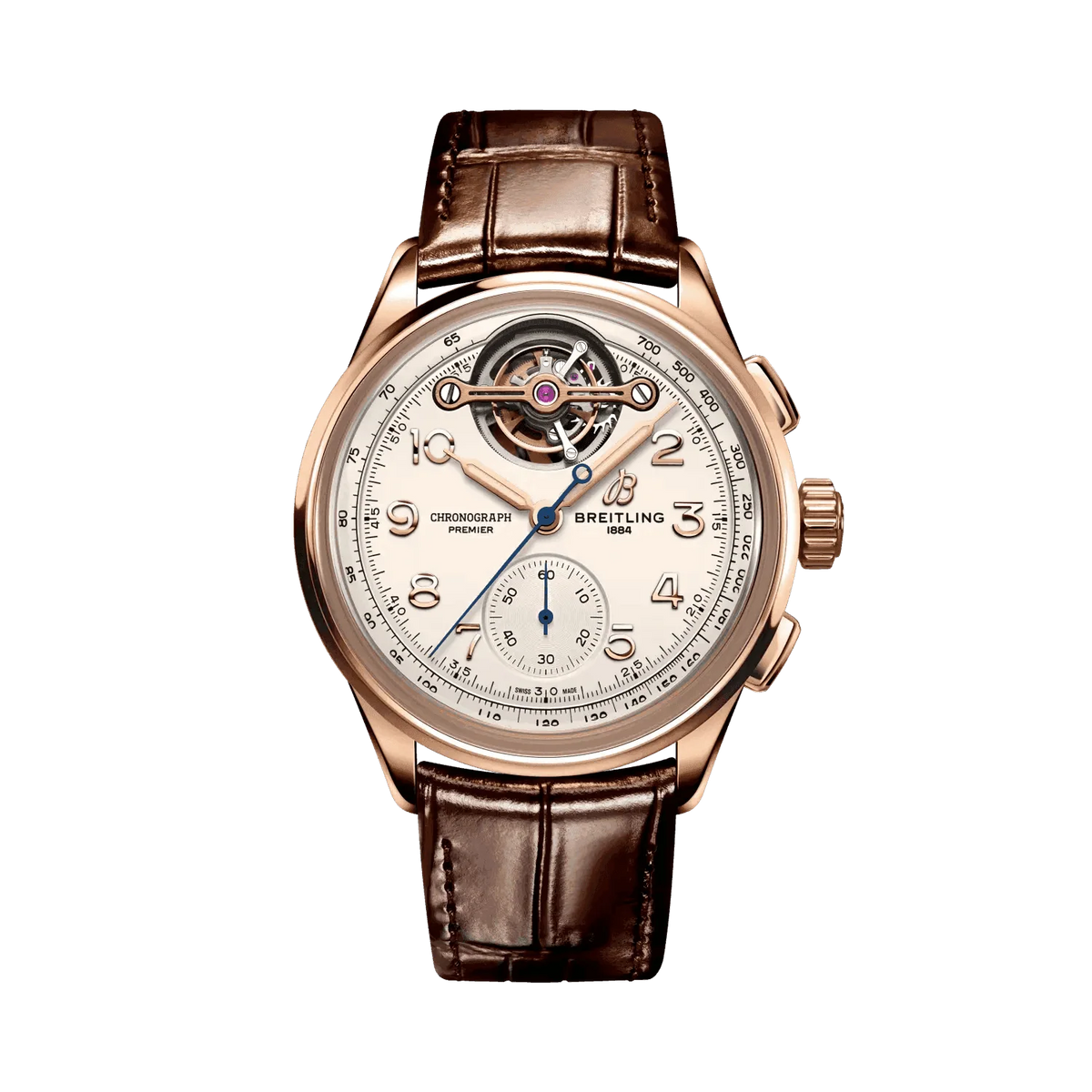 Breitling Premier watch with a cream dial, visible tourbillon at 12 o’clock, small seconds subdial, rose gold tone case and brown leather strap.