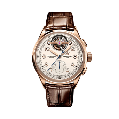 Breitling Premier watch with a cream dial, visible tourbillon at 12 o’clock, small seconds subdial, rose gold tone case and brown leather strap.