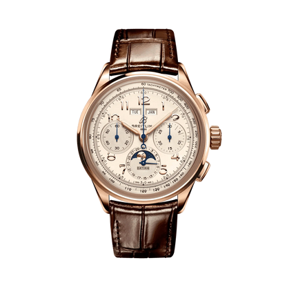 Breitling chronograph watch with a cream dial, moon phase display, day and month windows, rose gold tone case and brown leather strap.