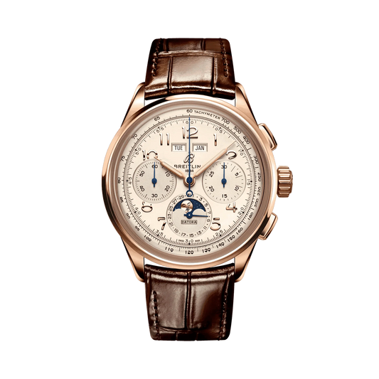 Breitling chronograph watch with a cream dial, moon phase display, day and month windows, rose gold tone case and brown leather strap.