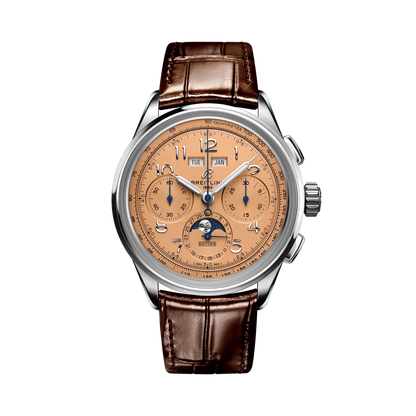Breitling Premier chronograph watch with a salmon dial, three subdials, moon phase display, calendar windows, silver tone case and brown leather strap.