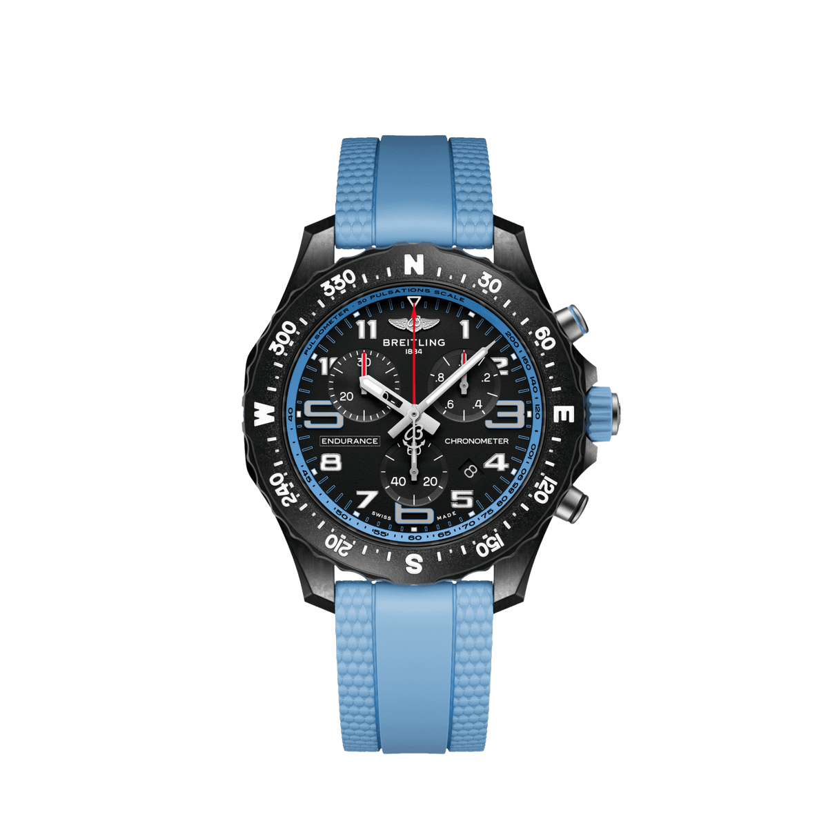 Breitling Endurance Pro chronograph watch with a black dial, three subdials, compass-marked bezel and light blue strap.