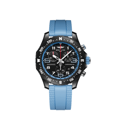 Breitling Endurance Pro chronograph watch with a black dial, three subdials, compass-marked bezel and light blue strap.