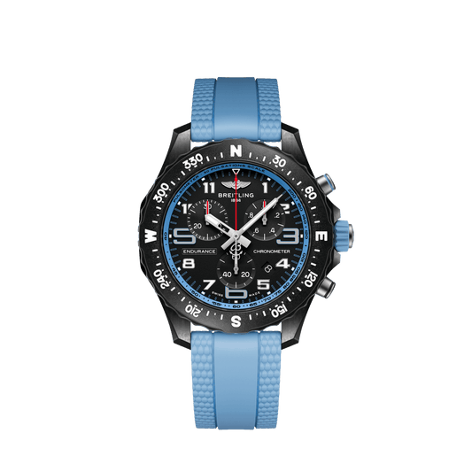 Breitling Endurance Pro chronograph watch with a black dial, three subdials, compass-marked bezel and light blue strap.