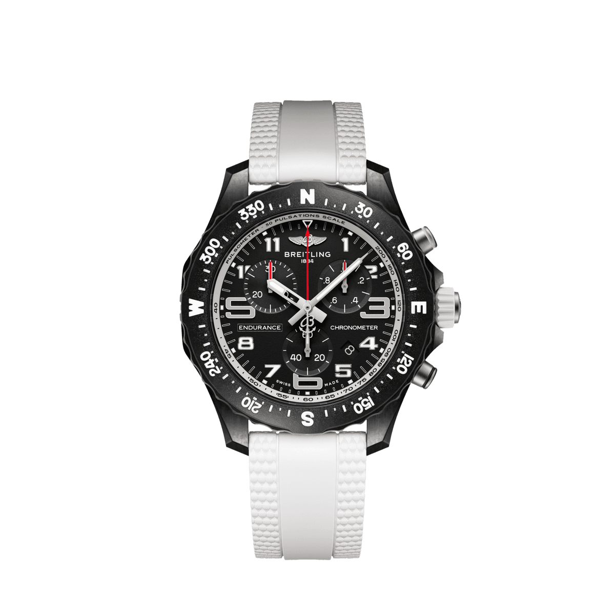 Breitling Endurance Pro chronograph watch with a black dial, three subdials, compass-marked bezel and white strap.