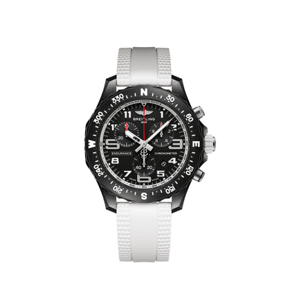 Breitling Endurance Pro chronograph watch with a black dial, three subdials, compass-marked bezel and white strap.
