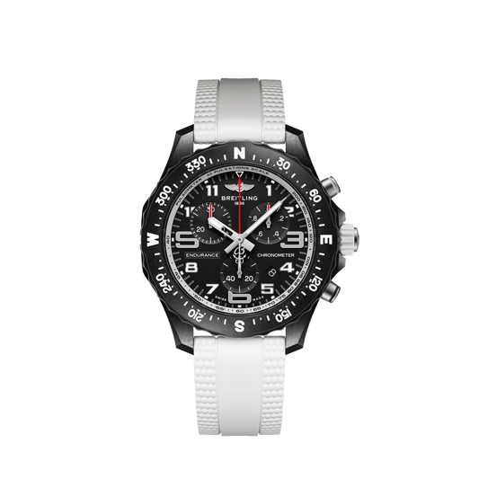 Breitling Endurance Pro chronograph watch with a black dial, three subdials, compass-marked bezel and white strap.