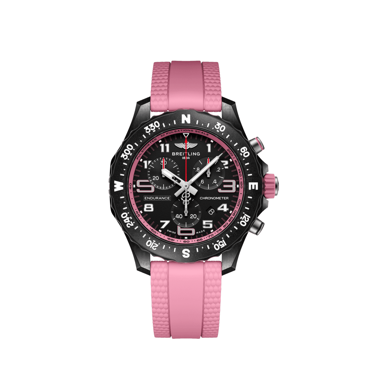 Breitling Endurance Pro chronograph watch with a black dial, pink accents, compass-marked bezel and pink strap.