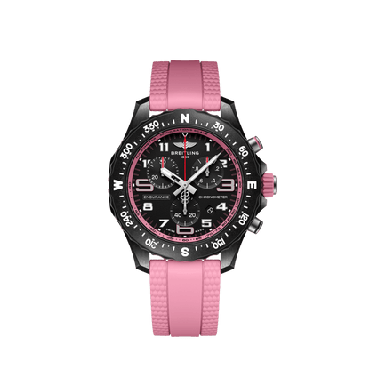 Breitling Endurance Pro chronograph watch with a black dial, pink accents, compass-marked bezel and pink strap.