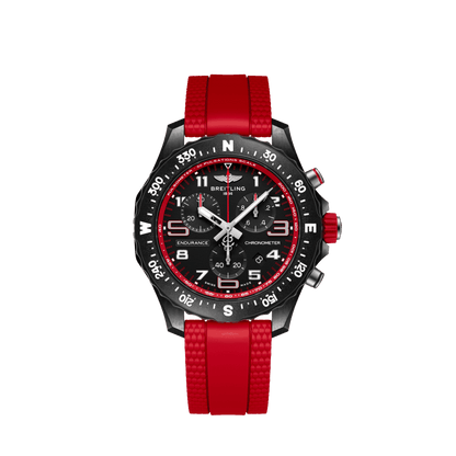 Breitling Endurance Pro chronograph watch with a black dial, red accents, compass-marked bezel and bright red strap.