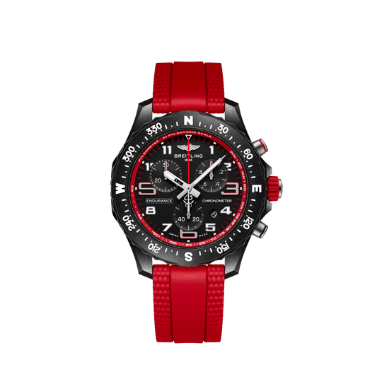 Breitling Endurance Pro chronograph watch with a black dial, red accents, compass-marked bezel and bright red strap.
