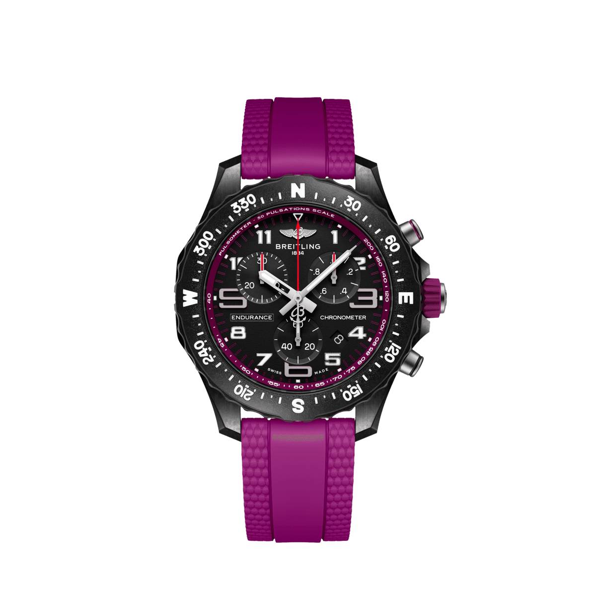 Breitling Endurance Pro chronograph watch with a black dial, purple accents, compass-marked bezel and purple strap.
