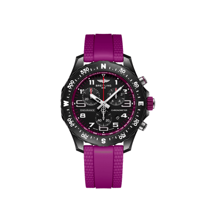 Breitling Endurance Pro chronograph watch with a black dial, purple accents, compass-marked bezel and purple strap.