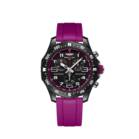 Breitling Endurance Pro chronograph watch with a black dial, purple accents, compass-marked bezel and purple strap.