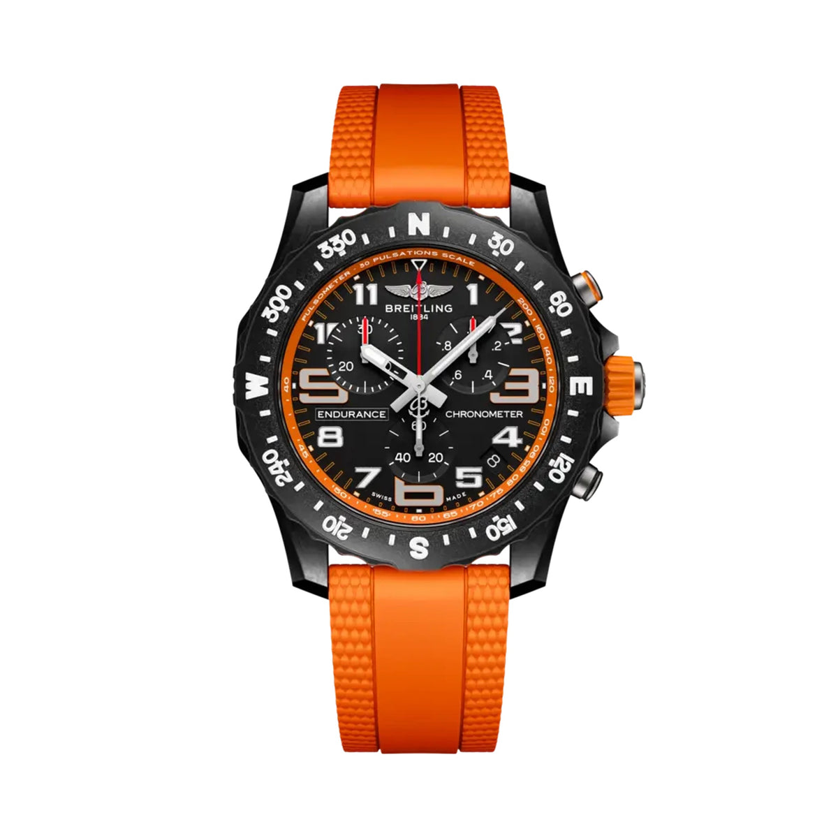 Breitling Endurance Pro chronograph watch featuring a black dial, black compass bezel, three chronograph subdials, luminous numerals, orange accents, date display, and bright orange rubber strap.