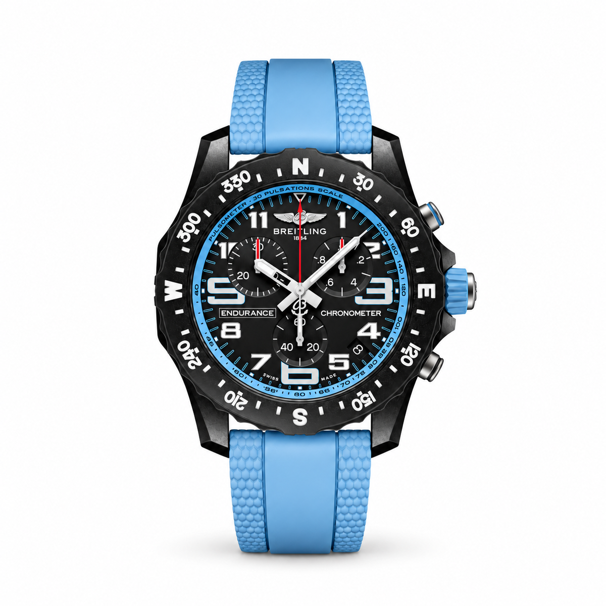 Breitling Endurance chronograph watch with a black dial, white Arabic numerals, blue accents, black compass bezel and light blue textured rubber strap.