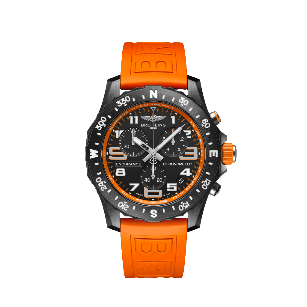 Breitling Endurance Pro chronograph watch with a black dial, orange accents, compass-marked bezel and bright orange strap.
