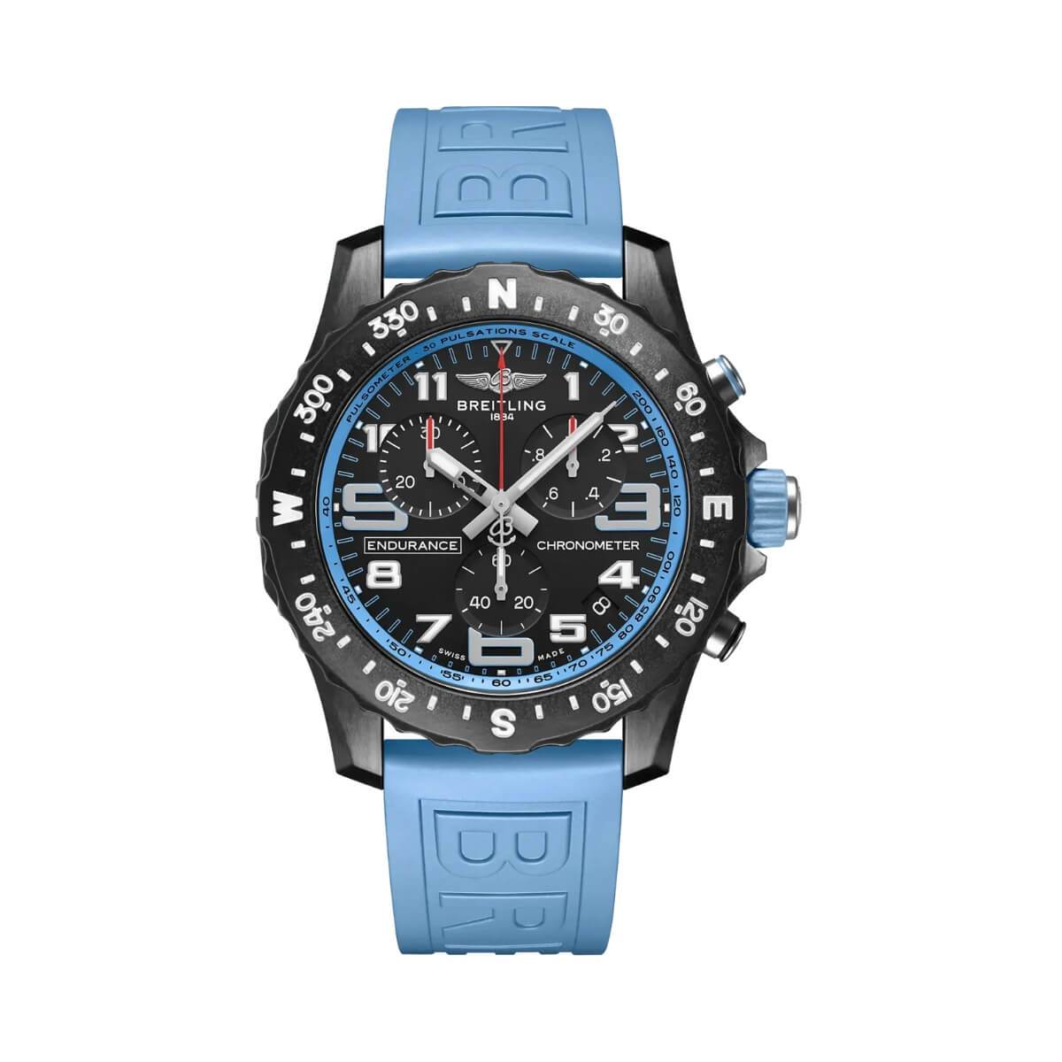 Breitling Endurance Pro chronograph watch with a black dial, three subdials, compass-marked bezel and light blue strap.