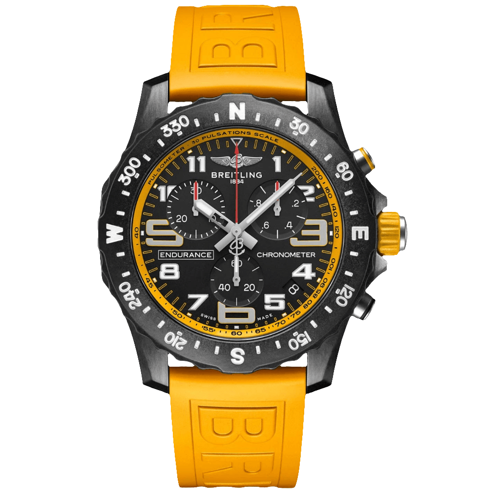 Breitling Endurance Pro chronograph watch with a black dial, yellow accents, compass-marked bezel and yellow strap.