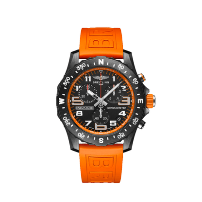 Breitling Endurance Pro chronograph watch with a black dial, orange accents, compass-marked bezel and bright orange strap.