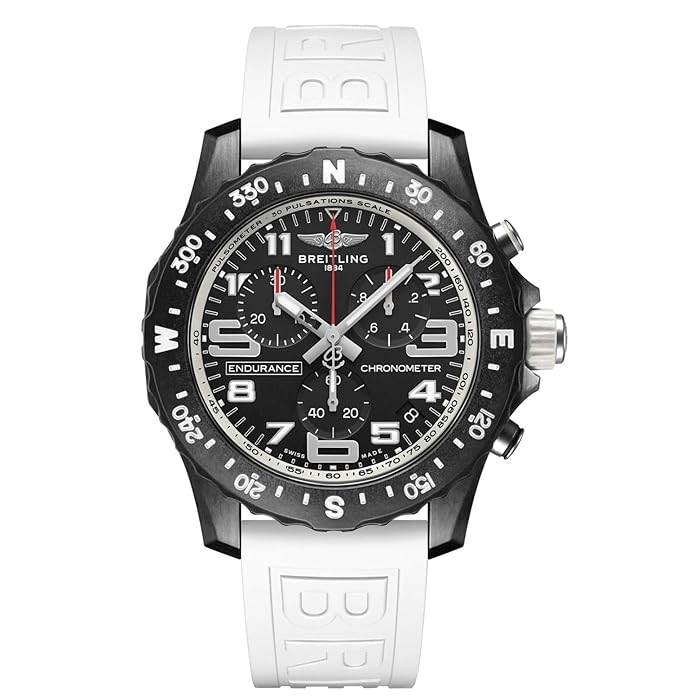 Breitling Endurance Pro chronograph watch with a black dial, three subdials, compass-marked bezel and white strap.