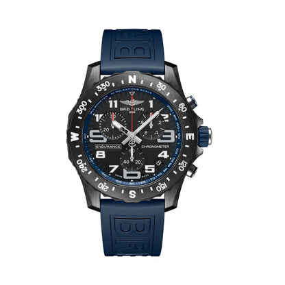 Breitling Endurance Pro chronograph watch with a black dial, blue accents, compass-marked bezel and dark blue strap.