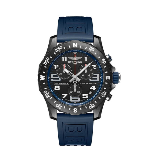 Breitling Endurance Pro chronograph watch with a black dial, blue accents, compass-marked bezel and dark blue strap.