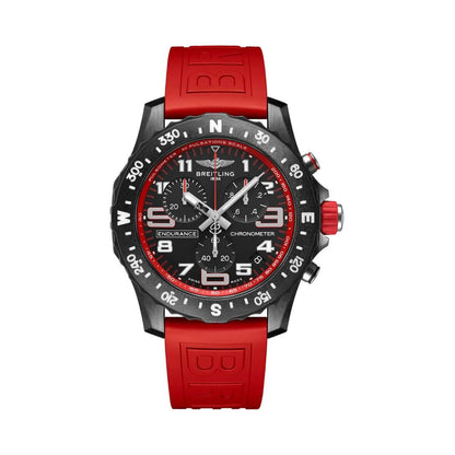 Breitling Endurance Pro chronograph watch with a black dial, red accents, compass-marked bezel and red strap.