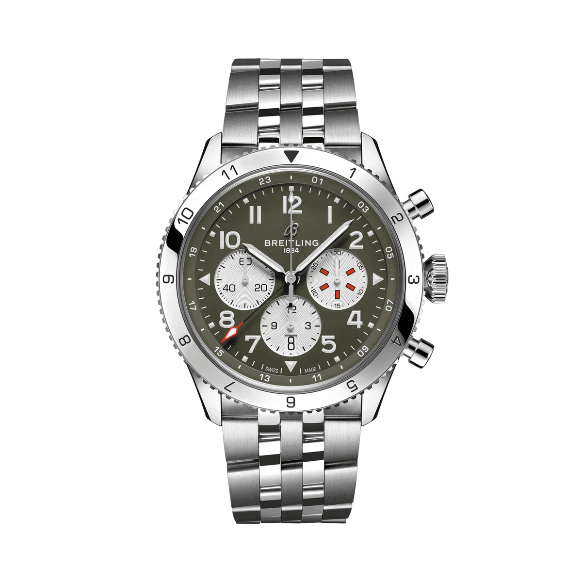 Breitling chronograph watch with an olive green dial, three silver subdials, Arabic numerals, red accents, numbered silver tone bezel and metal bracelet.