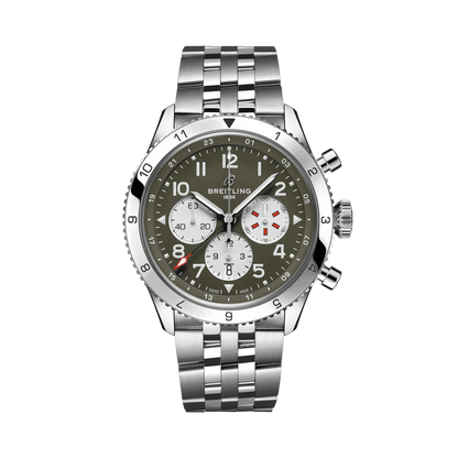 Breitling chronograph watch with an olive green dial, three silver subdials, Arabic numerals, red accents, numbered silver tone bezel and metal bracelet.