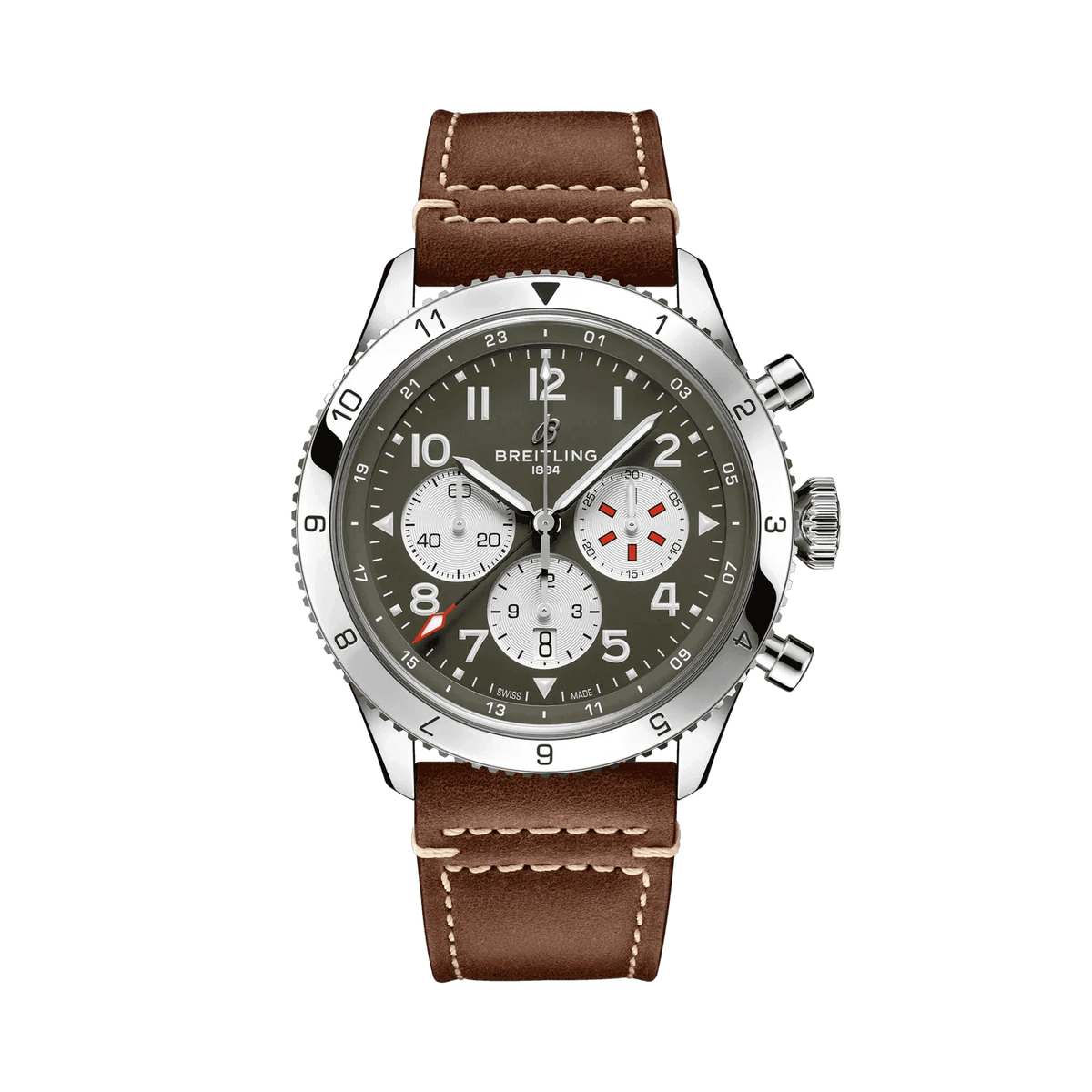 Breitling chronograph watch with an olive green dial, three silver subdials, Arabic numerals, silver tone numbered bezel and brown leather strap with white stitching.