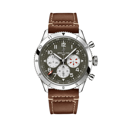Breitling chronograph watch with an olive green dial, three silver subdials, Arabic numerals, silver tone numbered bezel and brown leather strap with white stitching.