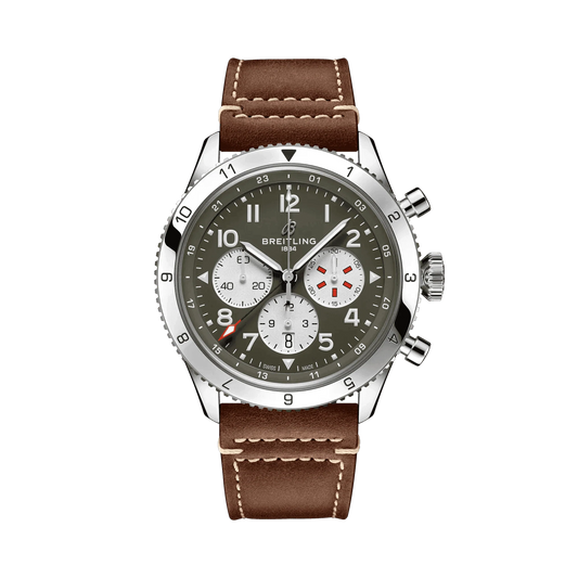 Breitling chronograph watch with an olive green dial, three silver subdials, Arabic numerals, silver tone numbered bezel and brown leather strap with white stitching.