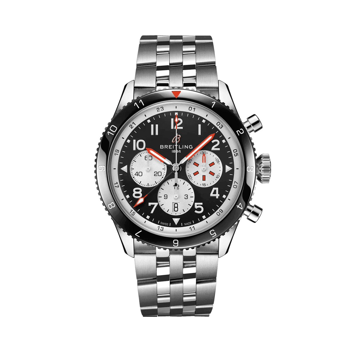 Breitling chronograph watch with a black dial, three silver subdials, red accents, Arabic numerals, black numbered bezel and silver tone metal bracelet.