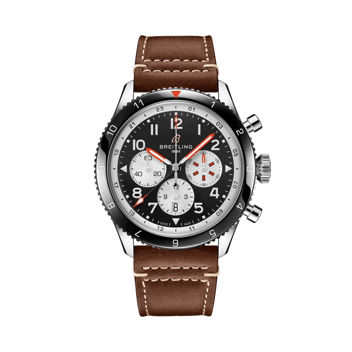 Breitling chronograph watch with a black dial, three silver subdials, red accents, Arabic numerals, black numbered bezel and brown strap with white stitching.